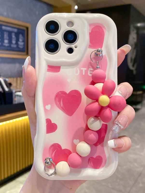 Pink Heart Beaded Cover with Anti-Slip Cord (IPHONE 14 PRO MAX)