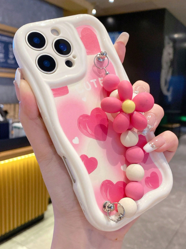 Pink Heart Beaded Cover with Anti-Slip Cord (IPHONE 14 PRO MAX)