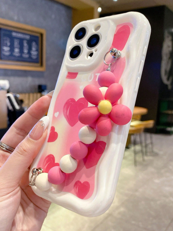 Pink Heart Beaded Cover with Anti-Slip Cord (IPHONE 14 PRO MAX)