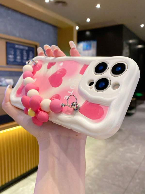 Pink Heart Beaded Cover with Anti-Slip Cord (IPHONE 14 PRO MAX)